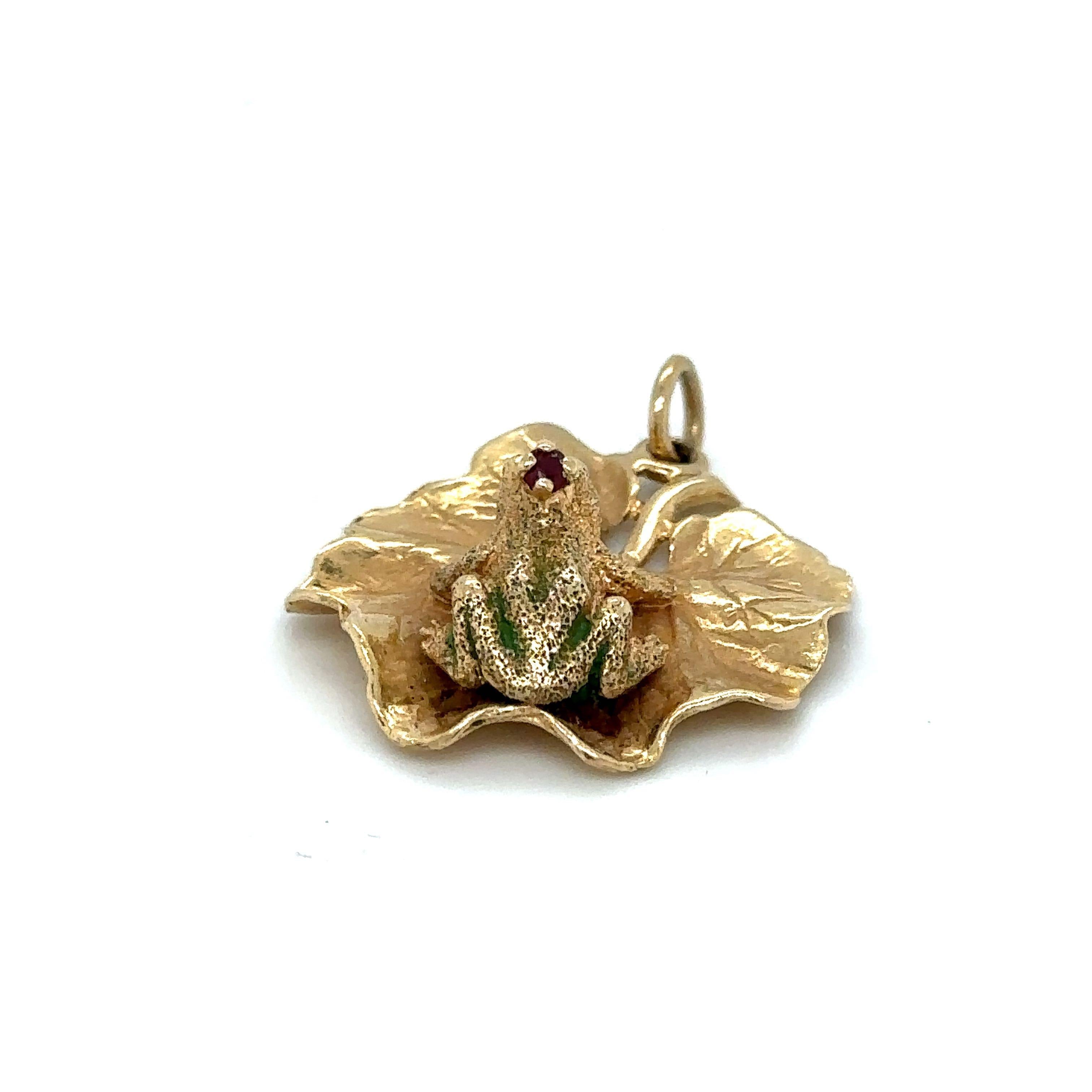 Frog Prince Charm 14Kゴールド王冠付き Henry Dankner Frog Prince on Leaf Charm or Pendant 14k