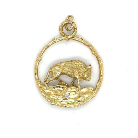 Vintage Merrin Bull with Diamond Pendant 18k Yellow Gold Taurus Zodiac