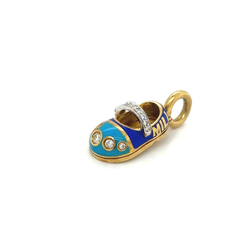 Aaron Basha Diamond Blue Enamel Millennium Baby Shoe Charm 18k Yellow Gold