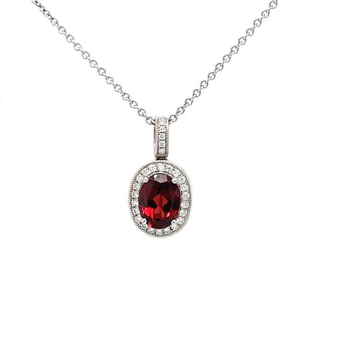 Estate Oval Garnet Diamond Halo Necklace 18k White Gold 18"