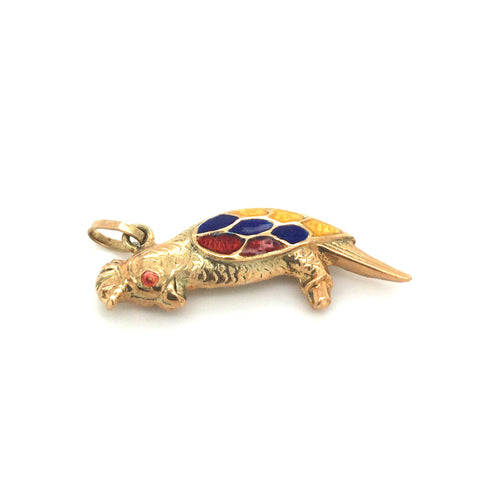 Vintage Red Enamel Cockatoo Double Sided Bird Charm 14k Yellow Gold