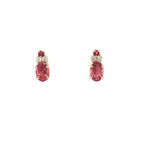 Pink Tourmaline, Ruby, and Diamond Cluster Stud Earrings 14k Yellow Gold