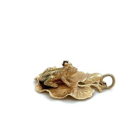 Henry Dankner Frog Prince on Leaf Charm or Pendant 14k Yellow Gold