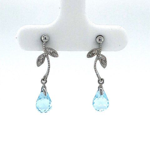 Vintage Blue Topaz and Diamond Drop Earrings 14k White Gold