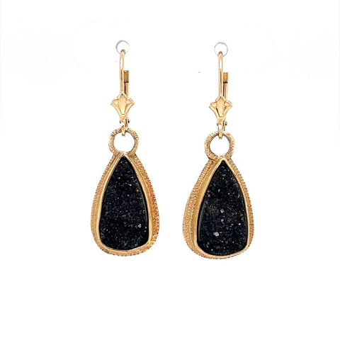 M&B Lombard Black Drusy Drop Earrings 14-18k Yellow Gold